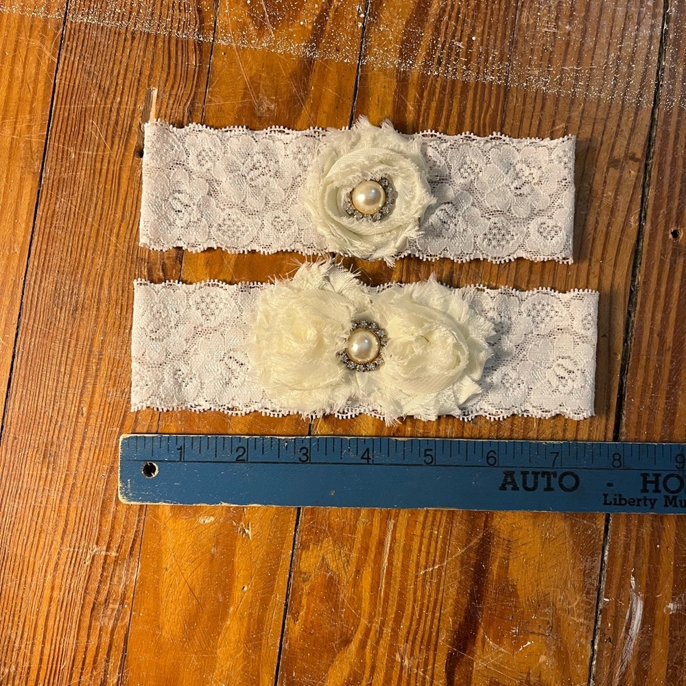 Set of Lace Garters with Floral Pearl Accents